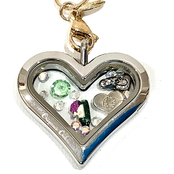 Origami Owl Large Silver Hinged Heart Locket Crystals Sister Charm Gold Chain - Picture 2 of 6